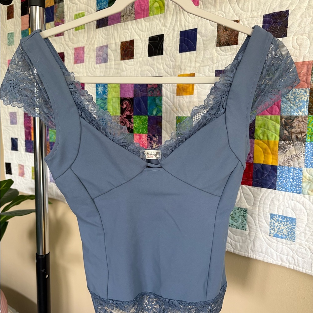 Free People Light Blue Lace Trim Top - Picture 3 of 5